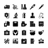 25 medical themed icons in black fill style, including ambulance, injection, stethoscope, doctor, hospital and more. vector