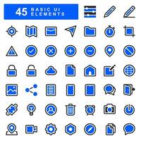 45 basic UI element icons in blue fill style, including home, app buttons, maps, time, share and more. Suitable for UI UX design needs, advertising, applications and social media. vector