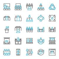 25 forum and class icons in dual tone line style, including discussion, group, workspace, organization, class, business and more. vector