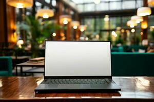 AI generated Digital professionalism Laptop with blank screen in hotel reception lounge photo