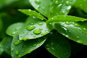 AI generated Natures embrace Water droplets on green leaf background scene photo