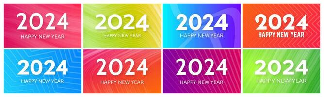 2024 Happy New Year backgrounds.  Set of eight modern greeting banner templates with white 2024 New Year numbers on colorful abstract backgrounds with lines. Vector illustration