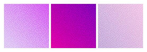 Set of three colorful turing reaction gradient backgrounds. Abstract diffusion pattern with chaotic shapes. Vector illustration.