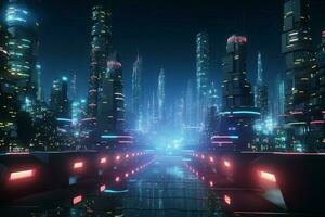 AI generated Sci fi night cityscape 3D rendering blends tech and urban aesthetics photo