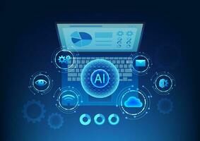 Artificial intelligence technology AI that comes to learn and help work to meet human needs. The AI connected to the internet word processing icon is on the laptop screen. vector