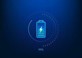 Battery technology background Screen with battery with technology circle surrounding it that is charging energy as reserve energy Show percentage of charge Wallpaper game screen. Vector illustration.