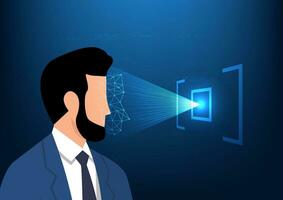 Cyber security technology Access to information that requires a person to identify themselves to important information by displaying their facial features. A man having his face scanned beam of light vector