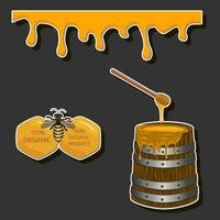 Drop of bee honey drip from hexagonal honeycombs filled with golden nectar vector