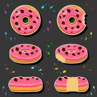 Illustration on theme big set different types sticky donuts, sweet doughnuts various size vector