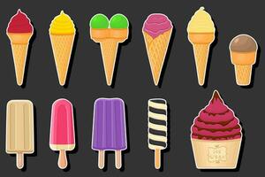 Illustration on theme big kit ice cream different types in cone waffle cup vector