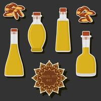 Illustration on theme big set different types liquid oil, bottle various size vector