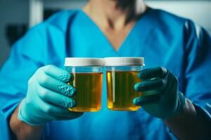 AI generated Doctor in blue uniform holds plastic container for urine samples photo