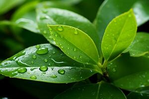 AI generated Natures touch Water on green leaf background, refreshing and serene photo