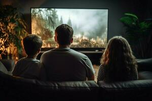 AI generated Relaxed family view Young friends watching TV in living room photo