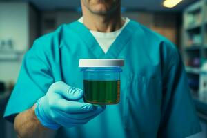 AI generated Healthcare scene Doctor holds an empty plastic container for urine photo