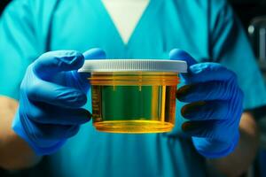 AI generated Healthcare scene Doctor holds an empty plastic container for urine photo