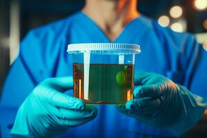 AI generated Doctor in blue uniform holds plastic container for urine samples photo