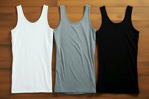 AI generated Mock up variety Sleeveless t shirt set in white, grey, and black photo