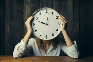 AI generated Business woman hides face behind clock, symbolic of time pressure photo