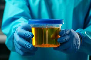 AI generated Healthcare scene Doctor holds an empty plastic container for urine photo