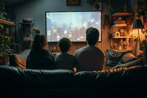 AI generated Cozy home scene Friends in blue jeans watch TV together photo
