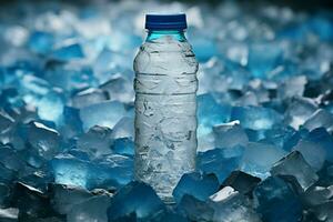 ai generado frío hidratación agua botella desplegado en un cama de hielo cubitos foto