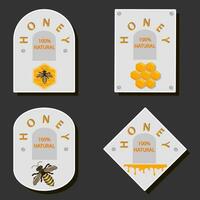 Illustration on theme for label of sugary flowing down honey in honeycomb with bee vector