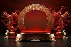 AI generated Sleek 3D podium Chinese New Year, festivals, mid autumn, red gold theme photo