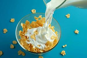 AI generated Top down delight Corn flakes with milk on a blue background photo