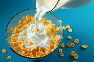 AI generated Top down delight Corn flakes with milk on a blue background photo