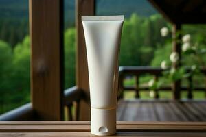 AI generated Simple elegance Blank white cosmetic tube on wooden surface, nature photo
