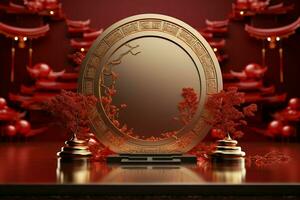 ai generado pulcro 3d podio chino nuevo año, festivales, medio otoño, rojo oro tema foto