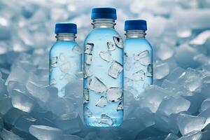 AI generated Cold hydration Water bottle displayed on a bed of ice cubes photo