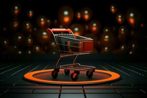 AI generated Dark elegance Shopping cart on podium with Black Friday concept photo