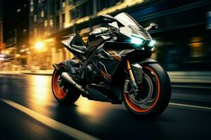 AI generated Motorcycle speeds with motion blur, EBR racing in an urban environment photo