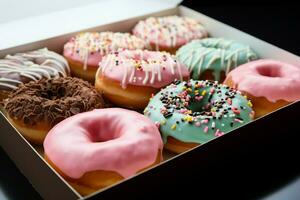 AI generated Delectable donuts Package edited for visual appeal and presentation photo