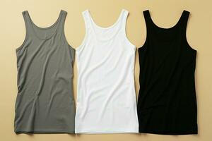 AI generated Versatile set White, grey, and black sleeveless shirts mock up photo