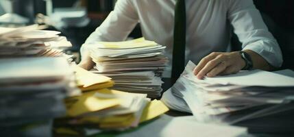 AI generated Busy office scene Employee searches and checks stacks of documents photo