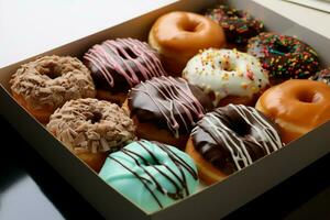 AI generated Packaged donuts edited for delectable presentation and indulgent appeal photo