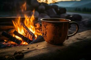 AI generated Inviting coffee in Norways wilderness, bathed in campfires golden light photo