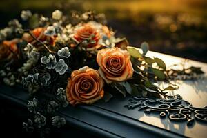 AI generated Sombre moment Funeral flowers presented on coffin, symbolizing loss photo