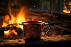 AI generated Cozy wilderness scene Steaming coffee cup by the campfire glow photo