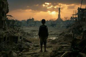 AI generated Devastating reality Child stands amid ruins in a war torn landscape photo