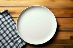 AI generated Minimalist setting White plate tray on wooden tablecloth, top view photo