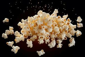 AI generated Flying delight Popcorn isolated on black background, close up snapshot photo