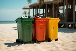 AI generated Beachside eco effort Four containers for garbage sorting, environmental conservation focus photo