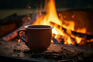 AI generated Warm coffee cup in Norways wilderness, lit by campfire glow photo