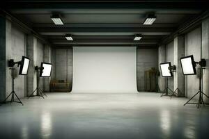 AI generated Modern photo studio interior with empty white wall and equipment