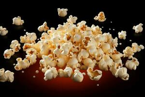 AI generated Flying delight Popcorn isolated on black background, close up snapshot photo