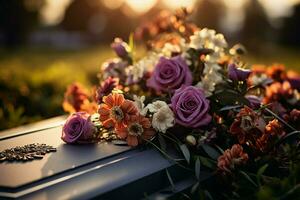 AI generated Funeral tribute Flowers presented on a coffin, signifying remembrance photo